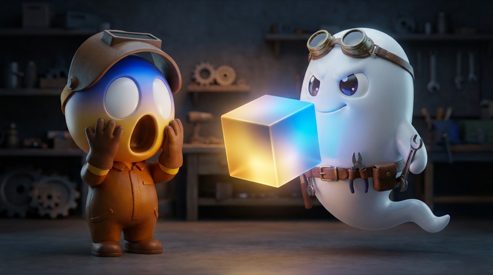 A workshop scene: the ghost maker presents a glowing gold-and-blue fusion cube; the screaming face reacts