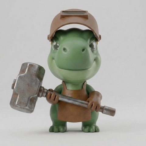 The T-rex maker, welding mask and hammer