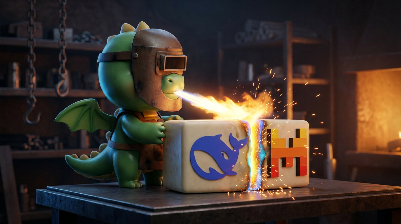 The dragon fusing DeepSeek and Mistral model blocks with its own flame