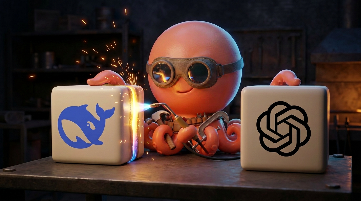 The octopus fusing DeepSeek and OpenAI model blocks with several tentacles at once