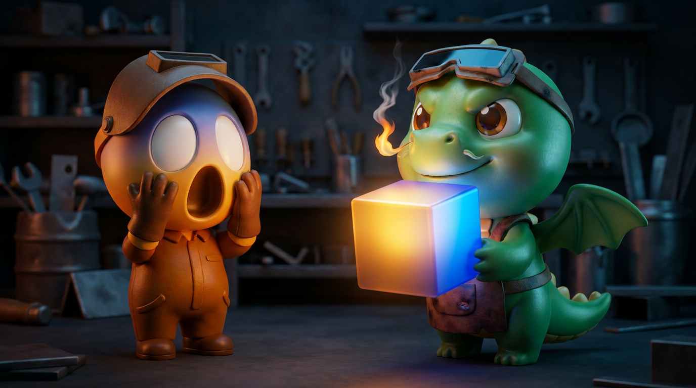 The reveal: the dragon presents the radiant fused model and the Maker screams