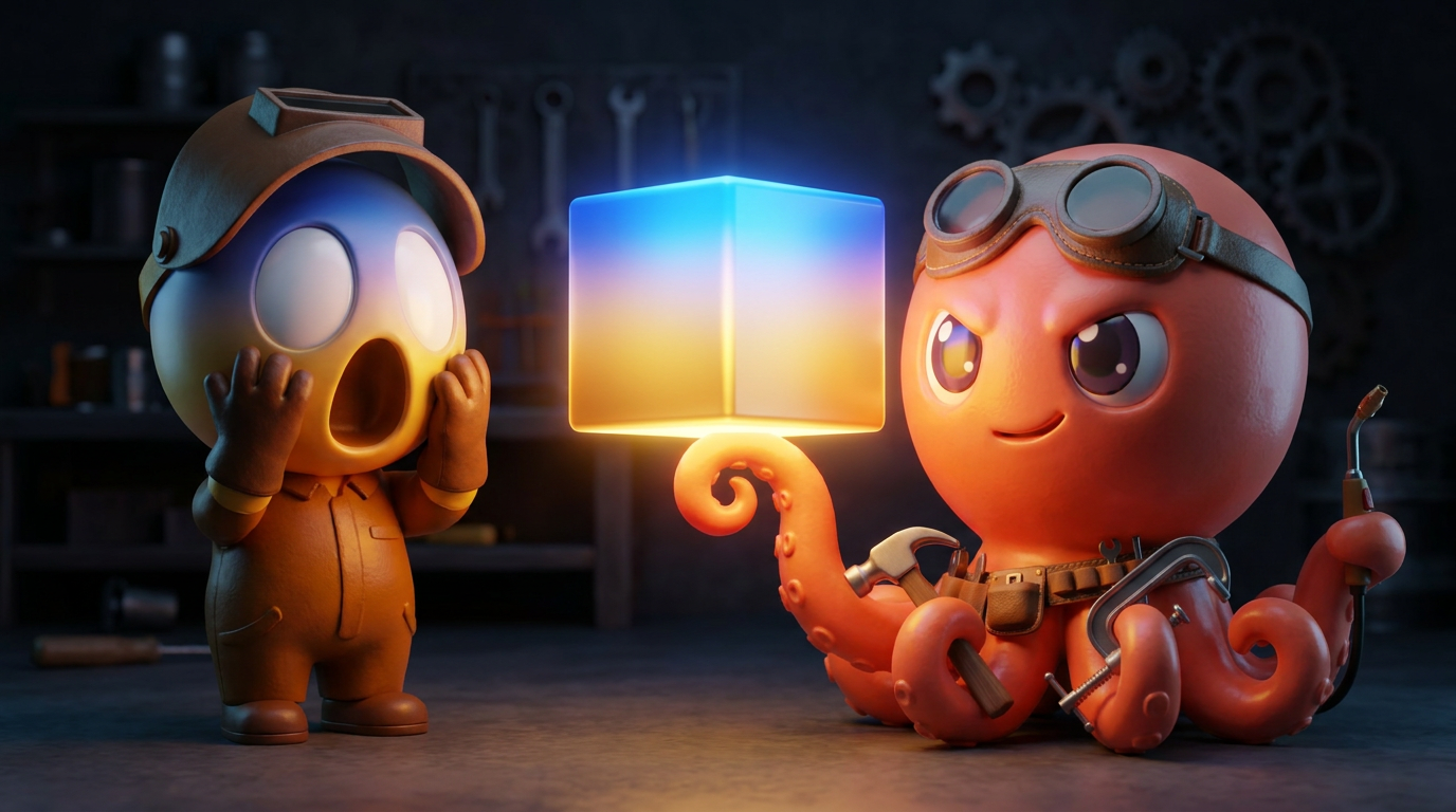 The reveal: the octopus presents the radiant fused model on a tentacle and the Maker screams